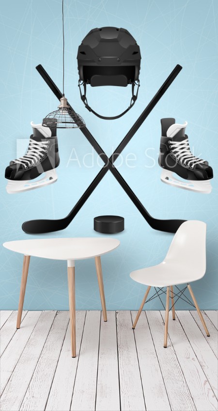 Afbeeldingen van Ice hockey helmet puck sticks and skates
